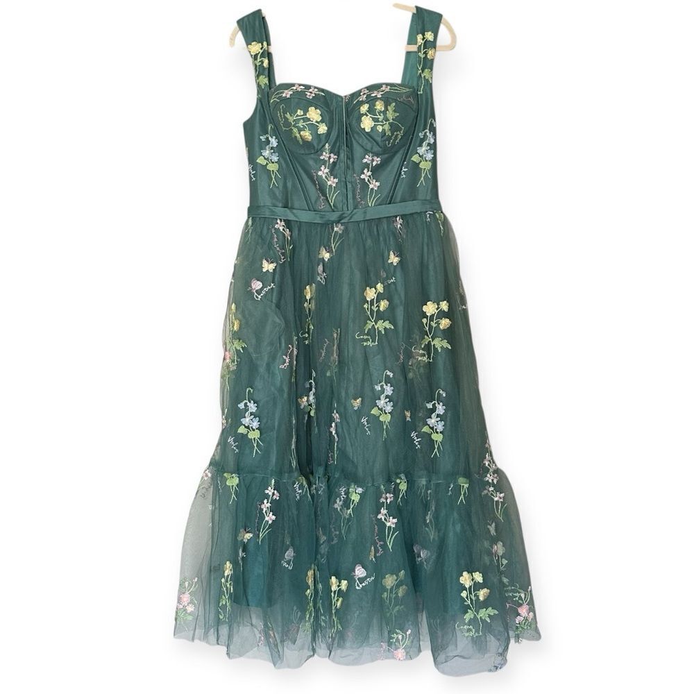 Corset Floral Embroidered Green Ruched Layered Tulle Flower  Midi Prom Dress - Picture 10 of 13